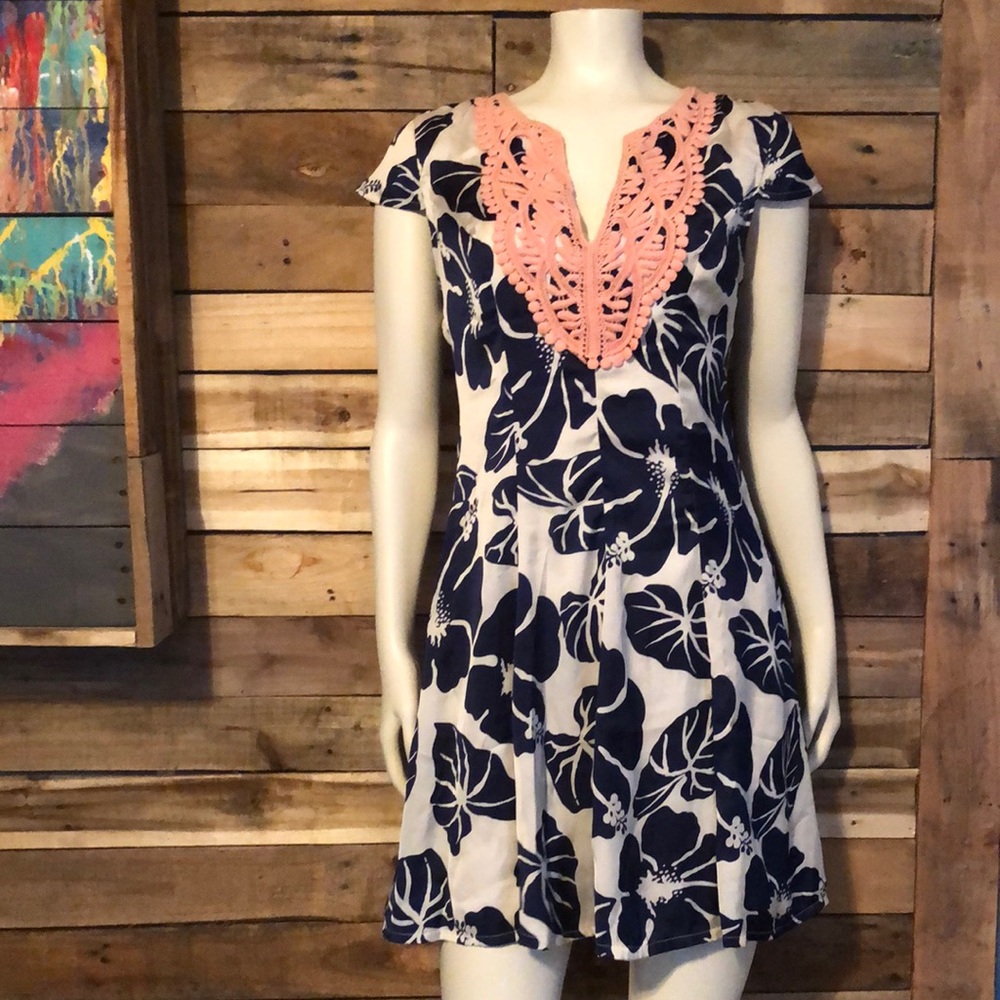 Navy and White Floral print dress (small)